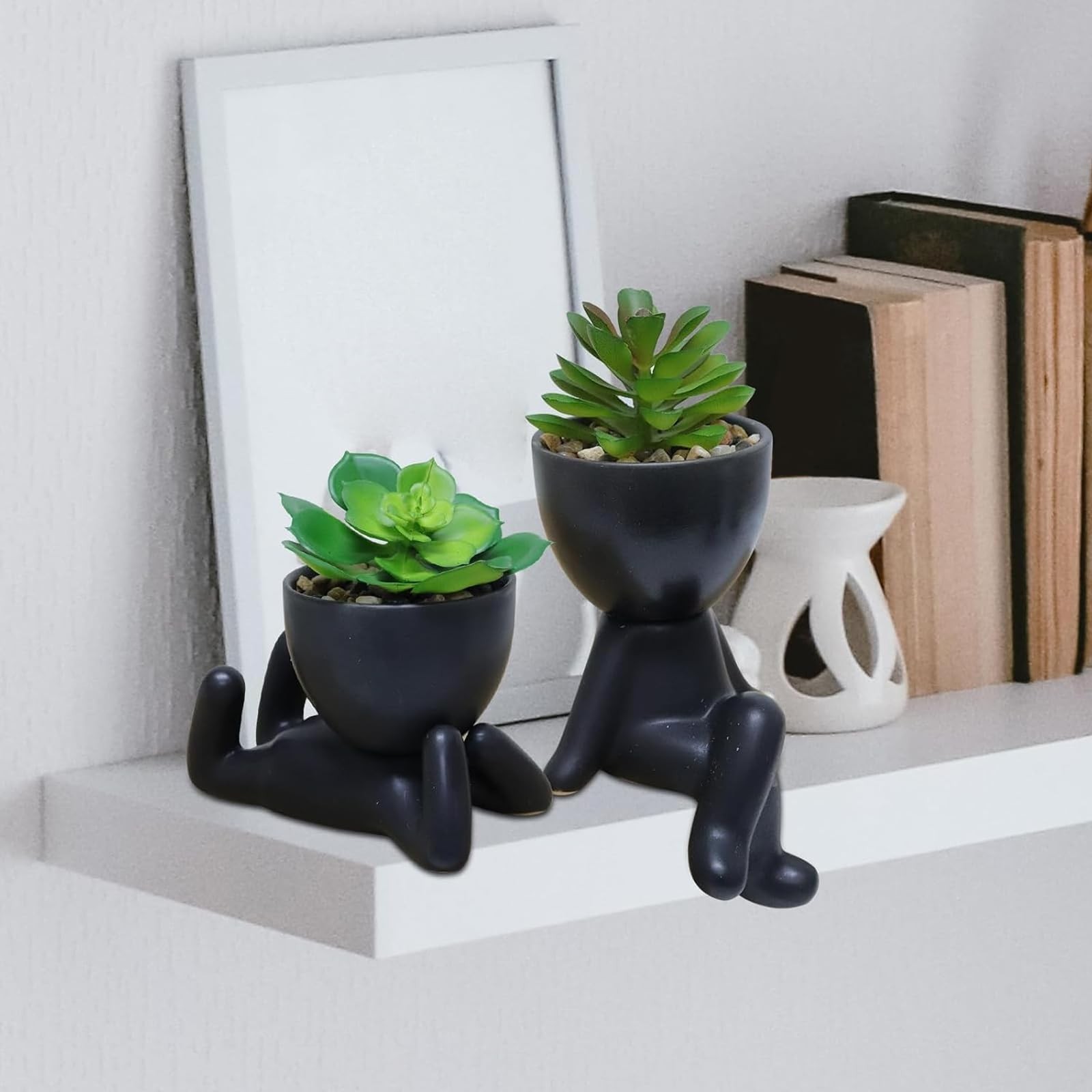 3 PCS Cute Artificial Succulent Plants with Creative Ceramics Human Shaped Po…