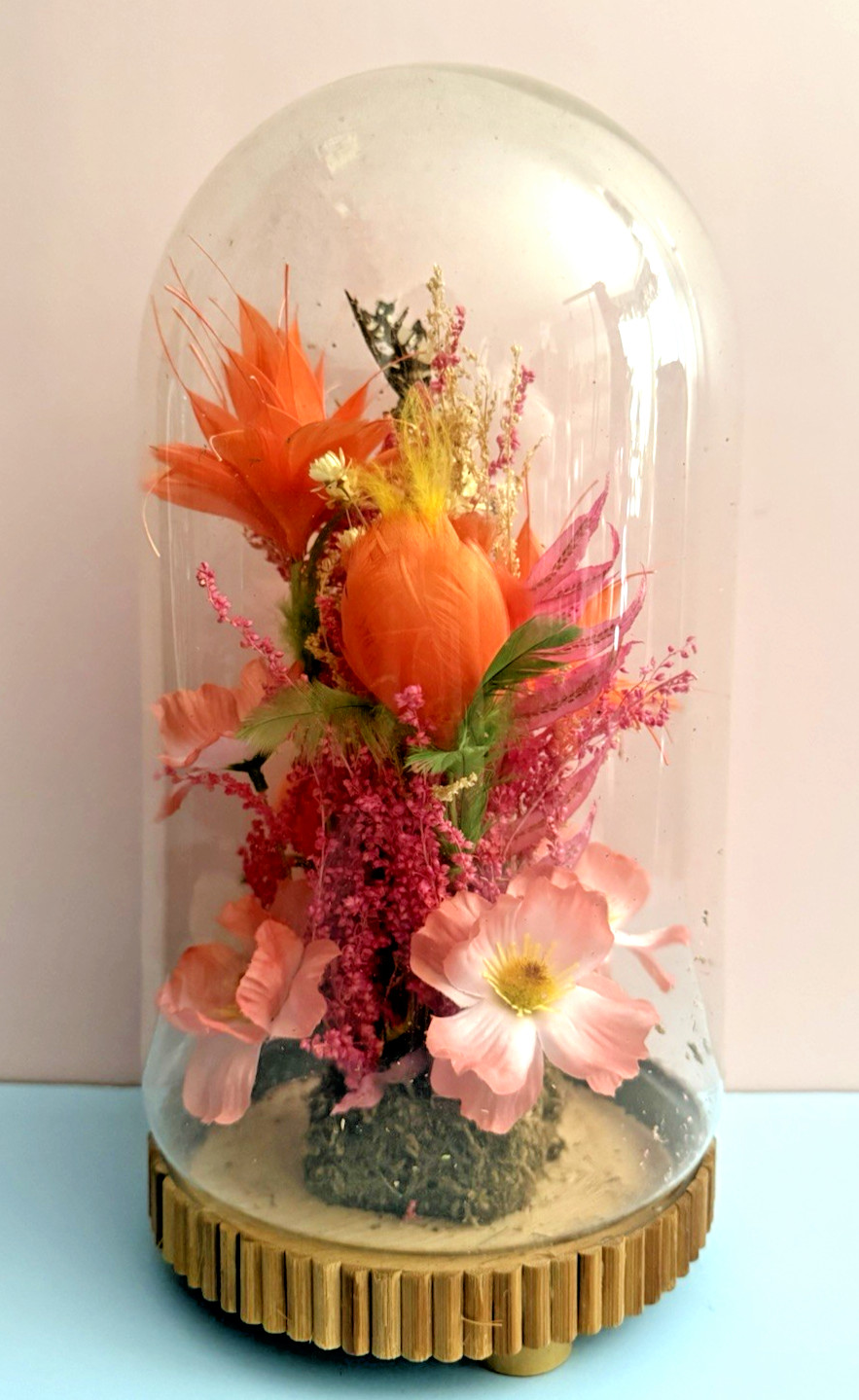 Vintage Plastic & Dried Flowers in Cloche by Allied Enterprises Inc. Bamboo Base