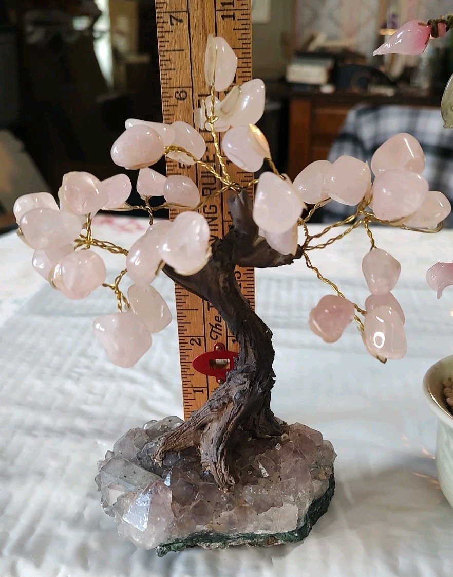 2 Vintage Glass Bonsai Tree Pink Cherry Blossom Artificial Plant Oriental