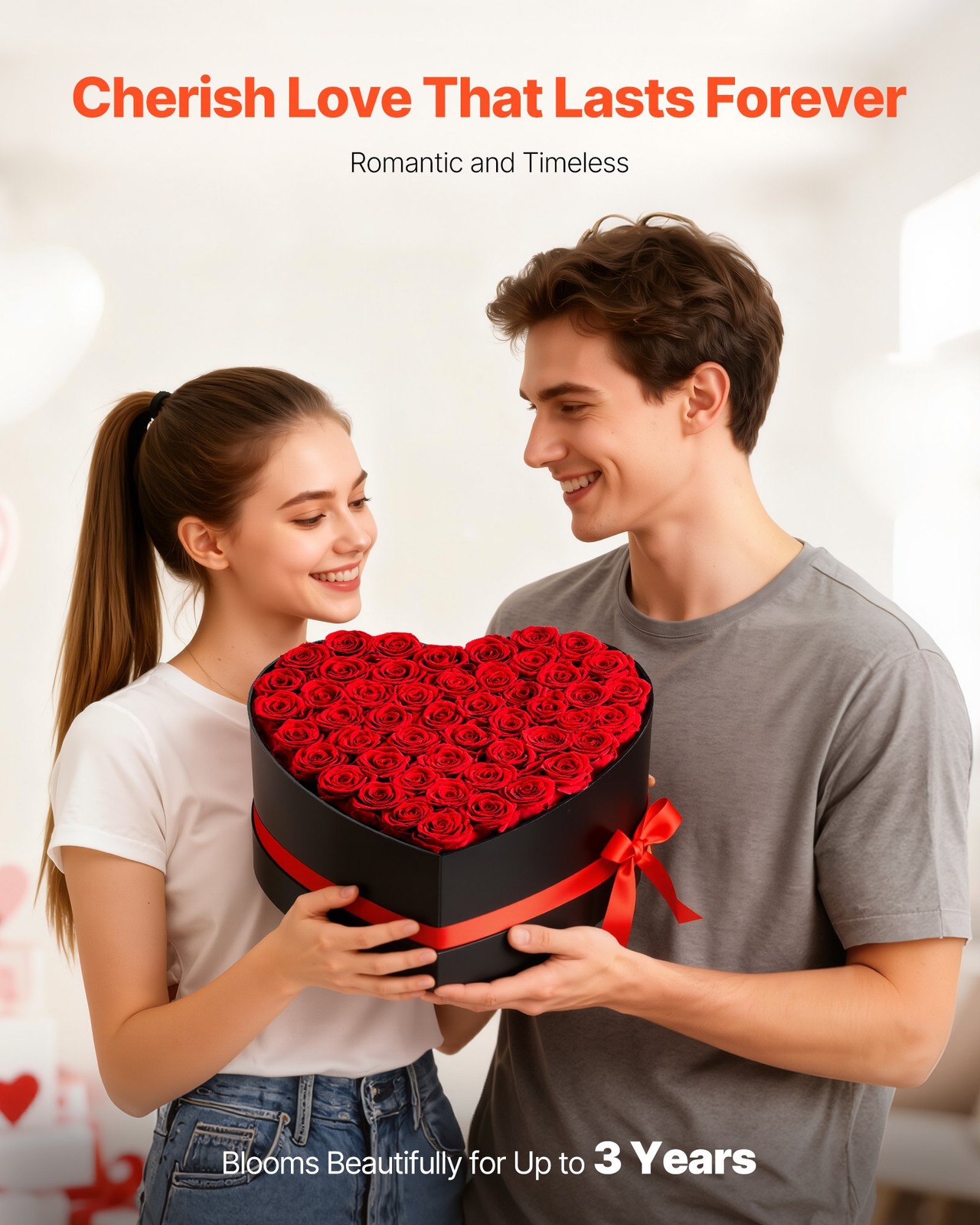 50 Preserved Red Roses in Heart Box – Eternal Flowers Gift for Her