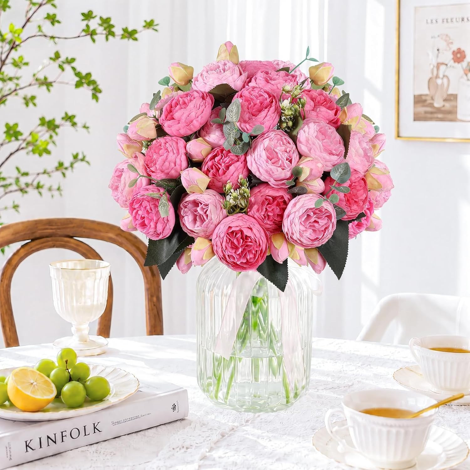 4 Bundles Realistic Silk Peonies Bouquet – Elegant Red & Pink Home Decor