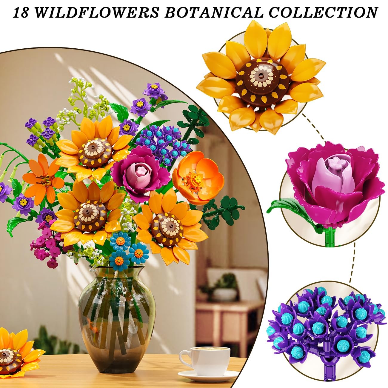 Wildflower Bouquet Building Set 912PCS Flower Arrangement Kit with Lights and