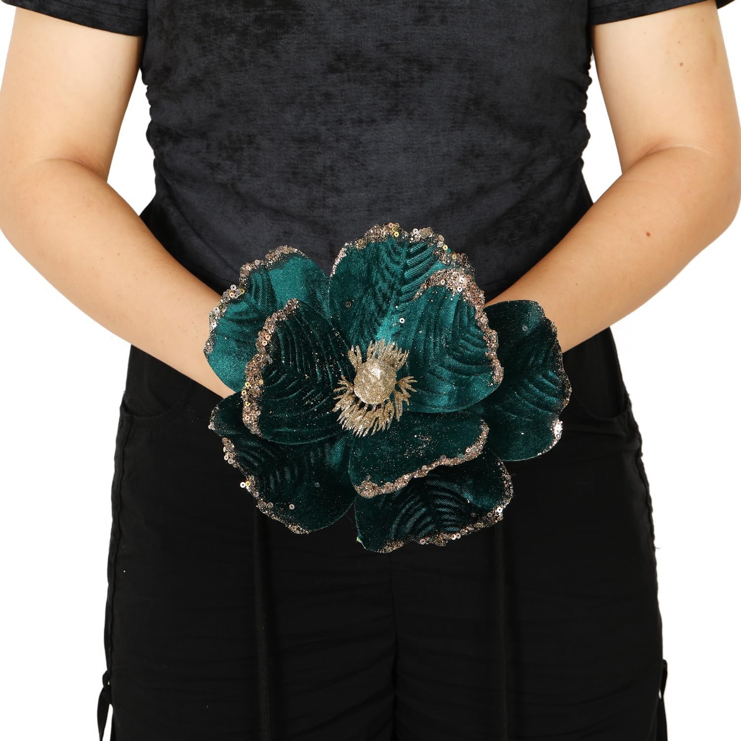6 PCS Blackish Green 8.3 In Glitter Artificial Magnolia Christmas Flowers Set
