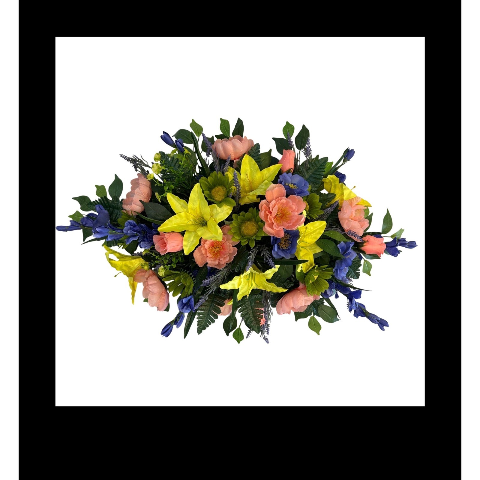 Large Artificial Floral Cemetery Spray Yellow Lily Coral Peony 36 Inch Swag