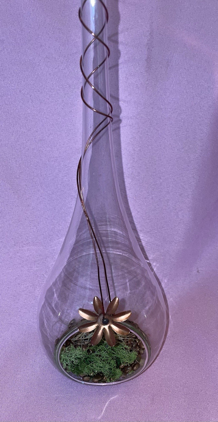 16” Blown Glass Teardrop Hanging Globe Terrarium Copper Flower Accent