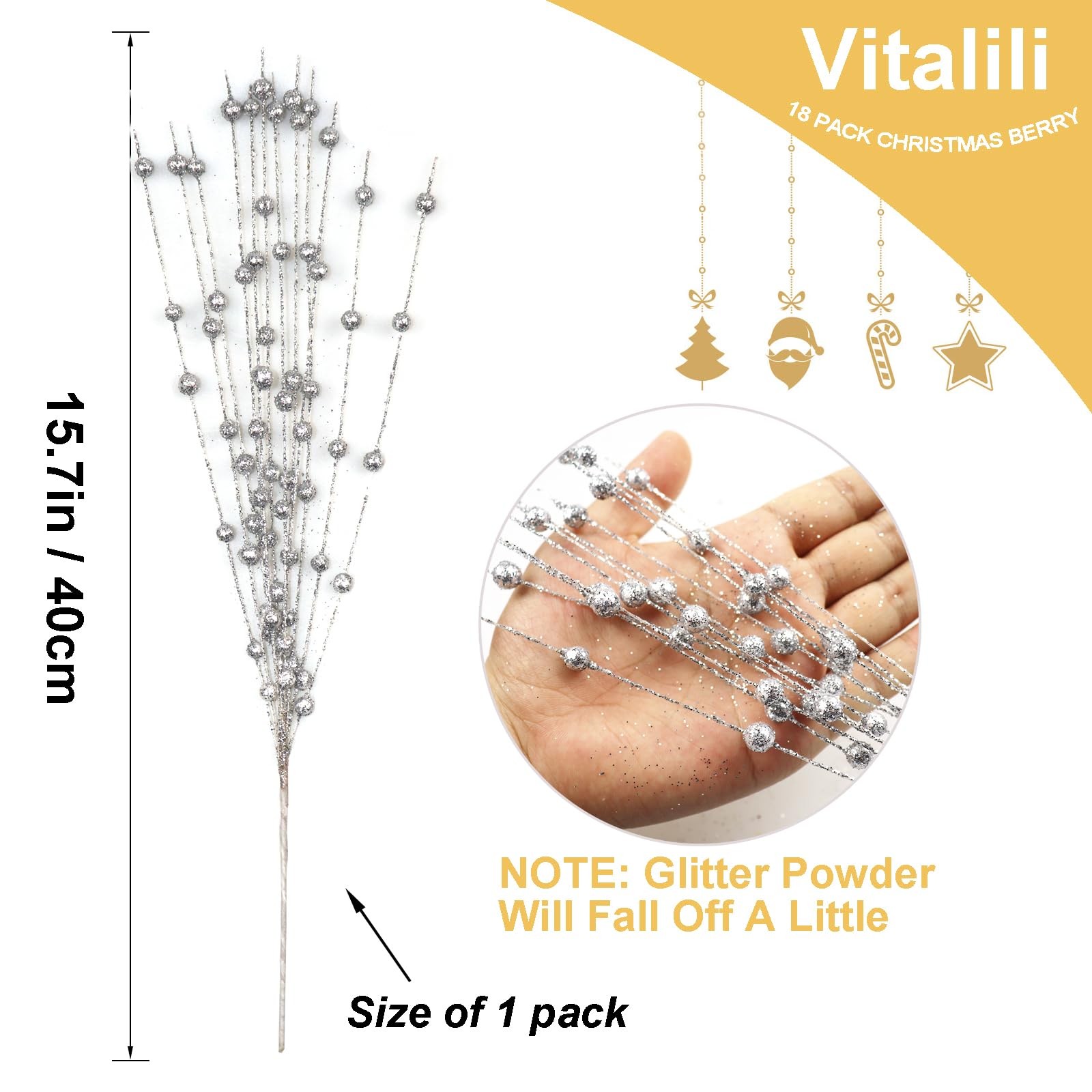 18 Pack Artificial Glitter Stem Ornaments 15.7in Decorative Christmas Picks G…