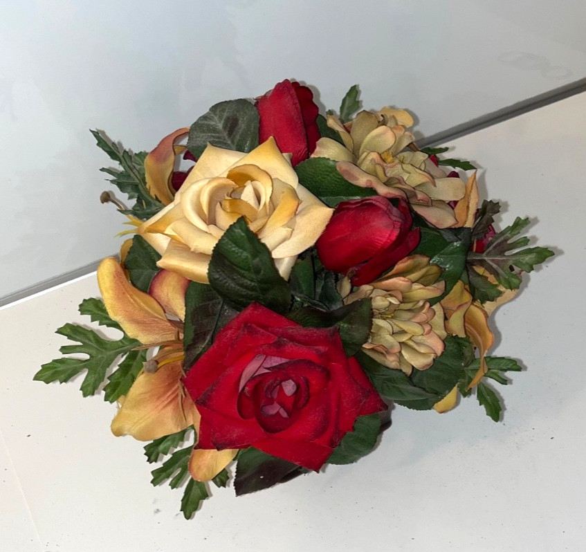 Red & Yellow Faux Flower Roses Centerpiece Beige Mahoga Brown Neutral Home Decor