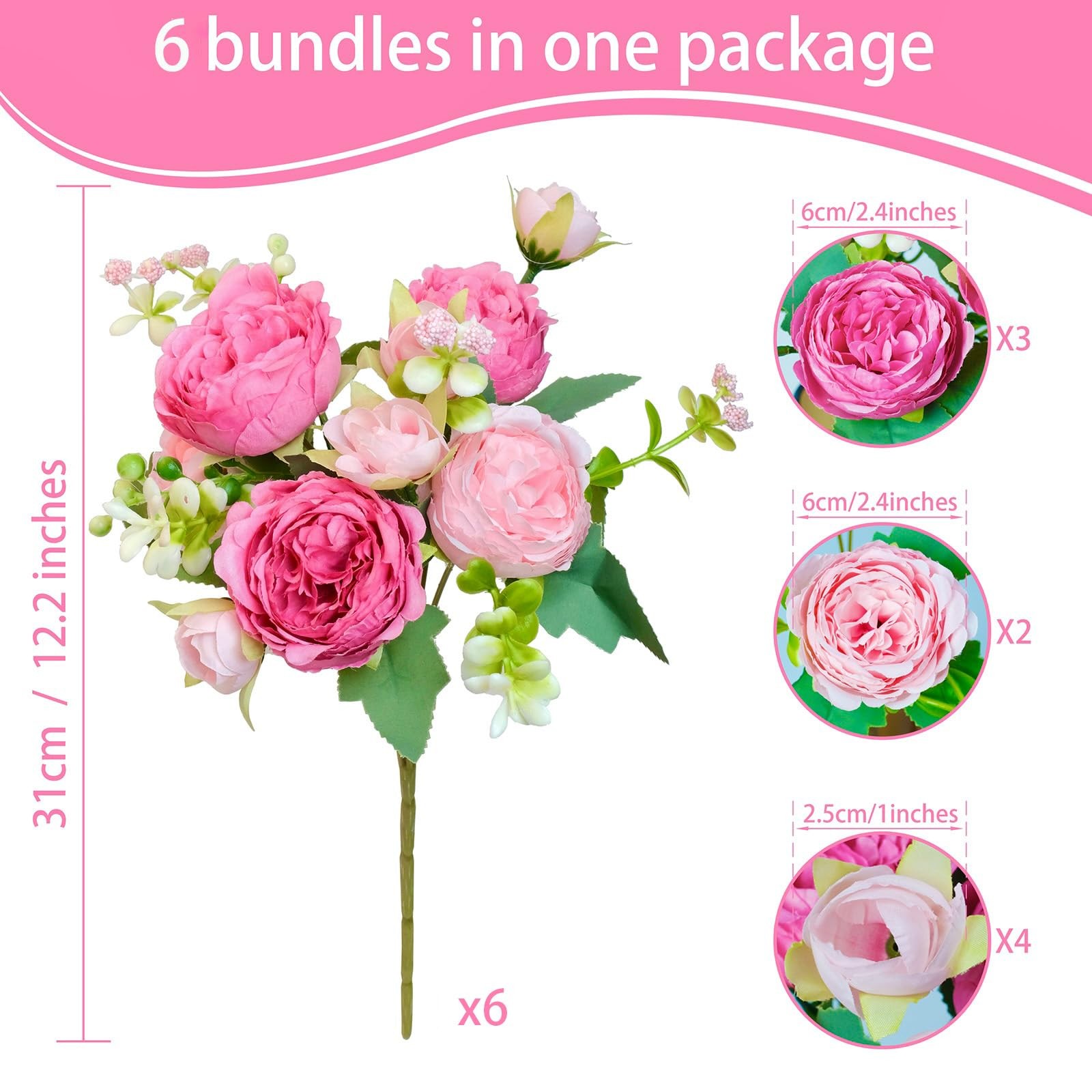 AUMVEYI 6 Pcs Peonies Artificial Flowers Bulk, Blush Pink Silk Peonies Fake B…