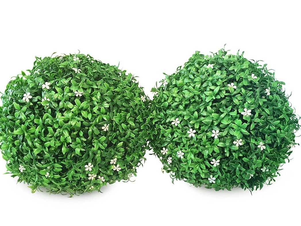 GARDEN SPHERES 13.8 Inch Topiary Balls Set If Two With White Flowers