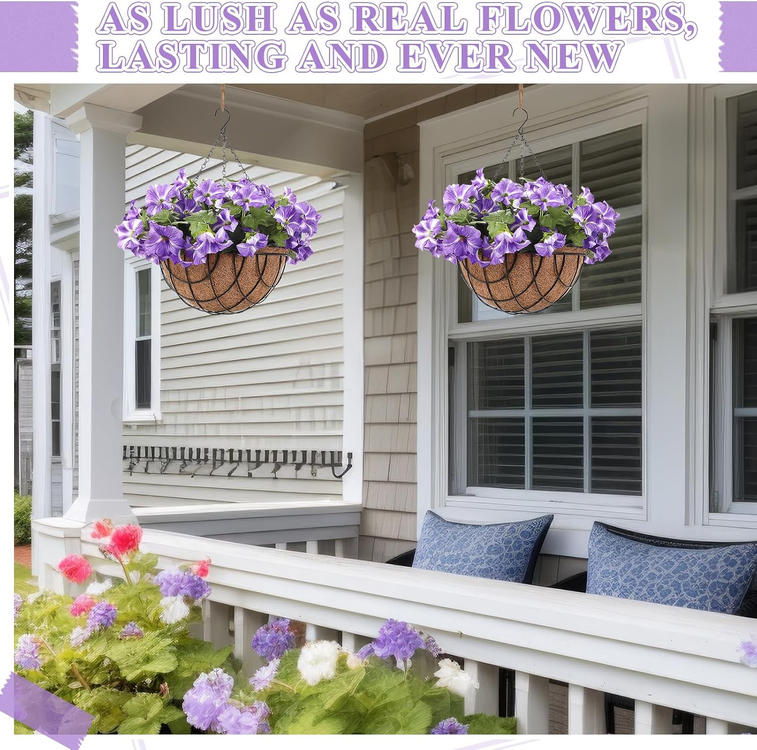 2 Pack Faux Petunia Hanging Flowers in 12″ Basket for Outdoor Decor (Purple)