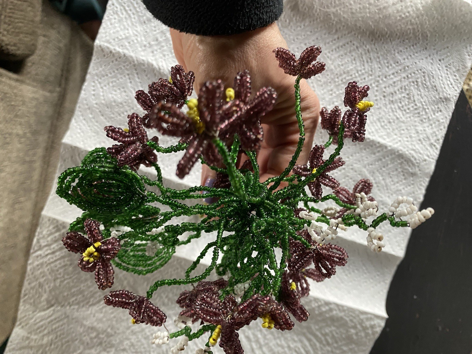 Vtg French Glass Beaded Purple Green Yellow Flower Bouquet Floral Arrangement
