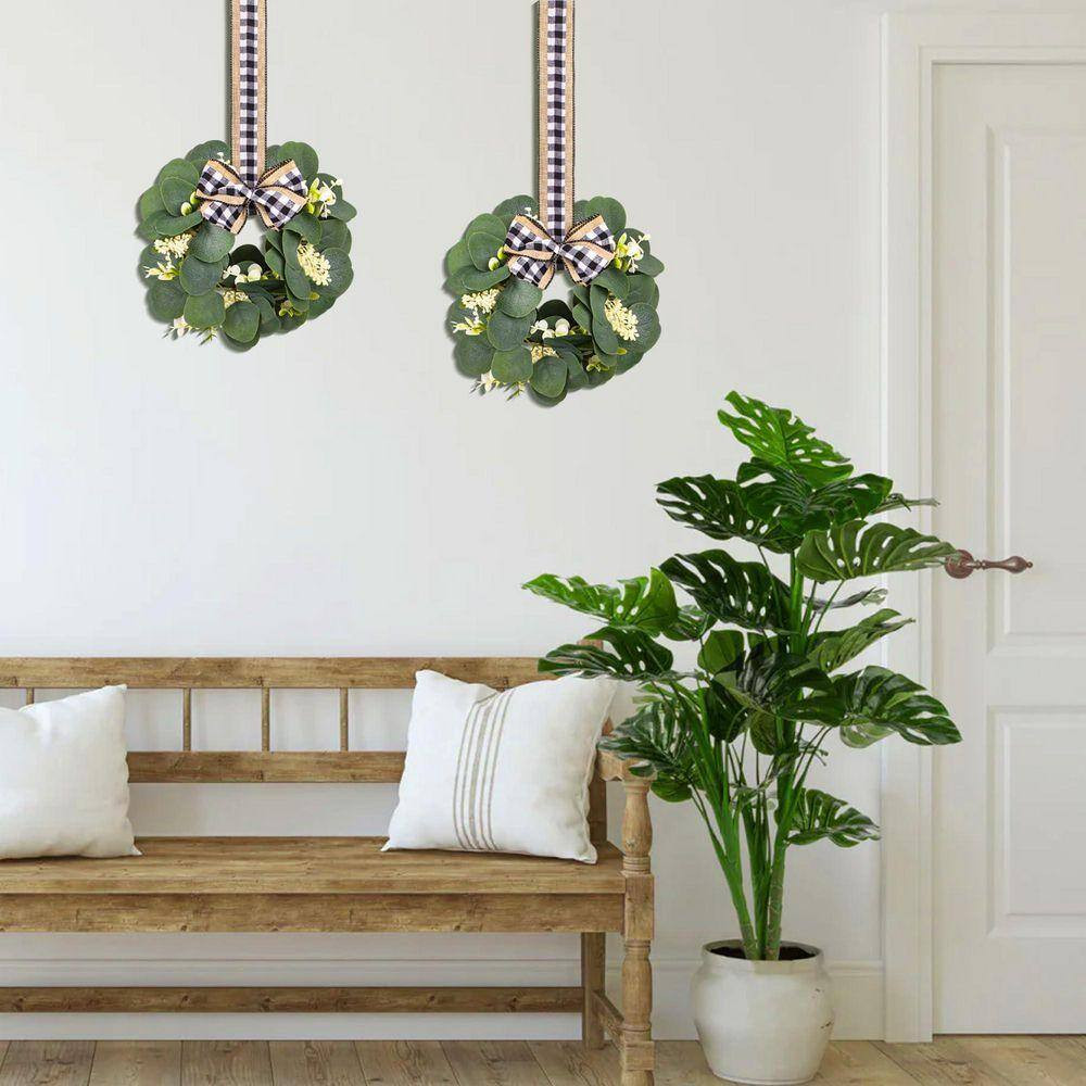 1 In. 2-Pieces Green Indoor/Outdoor Artificial Eucalyptus Plant Wreath Set for D