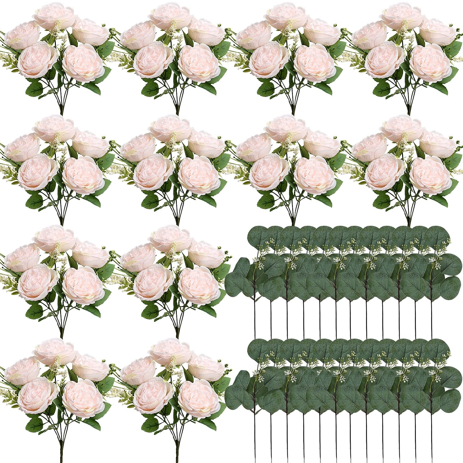 Peonies Artificial Flowers Bulk, 12 Bundles Fake Silk Peonies Faux Eucalyptus…