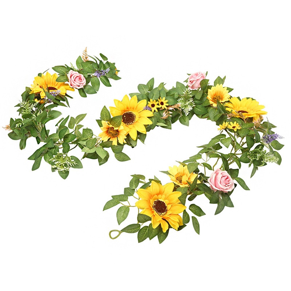 Realistic Sunflower Rattan Garland 200cm Green Plant Indoor Outdoor Decor