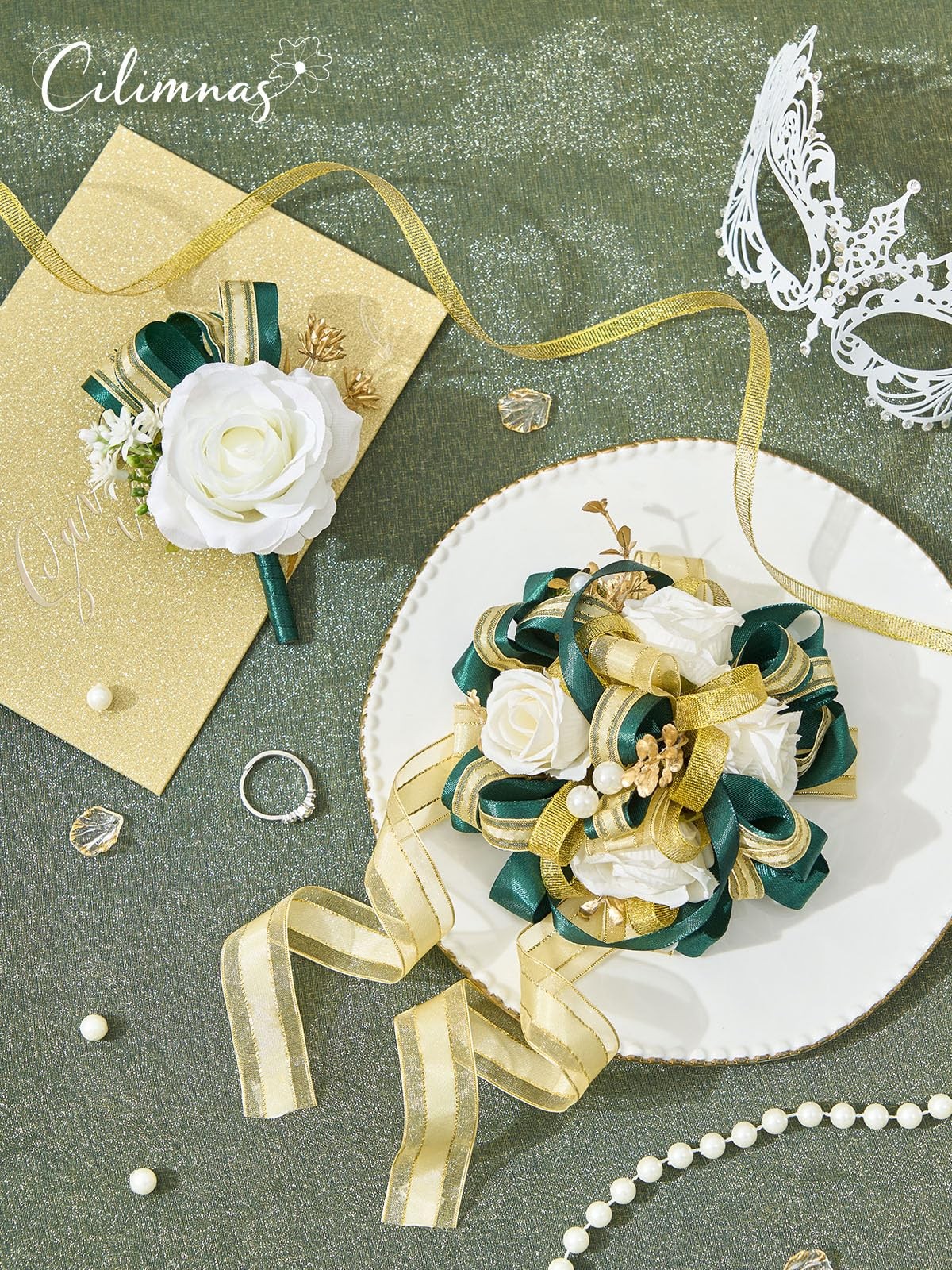 Prom Corsage Boutonniere Set Artificial Silk Ivory Rose Dark Green Ribbon