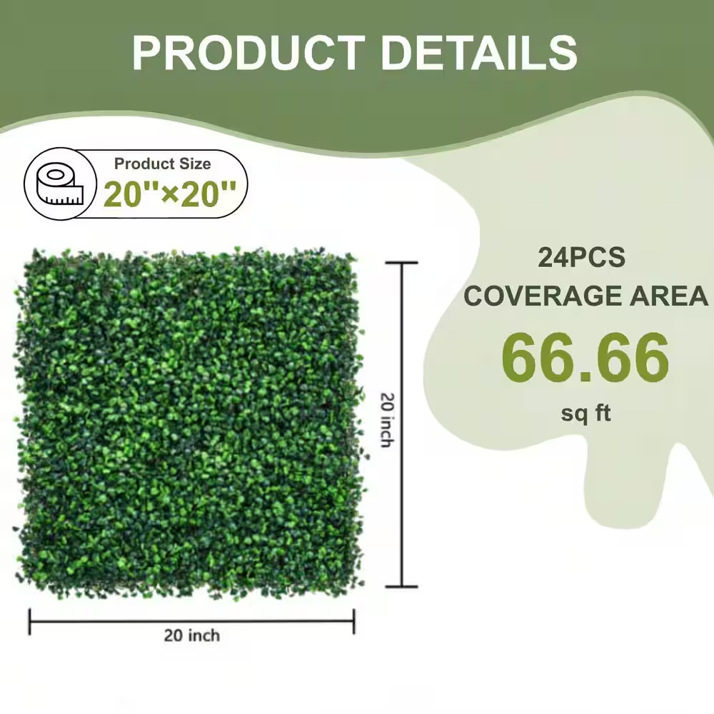 24-Pieces 20 In. X 20 In. X 1.6 In. Heavy-Duty Artificial Hedge, High-Density Bo