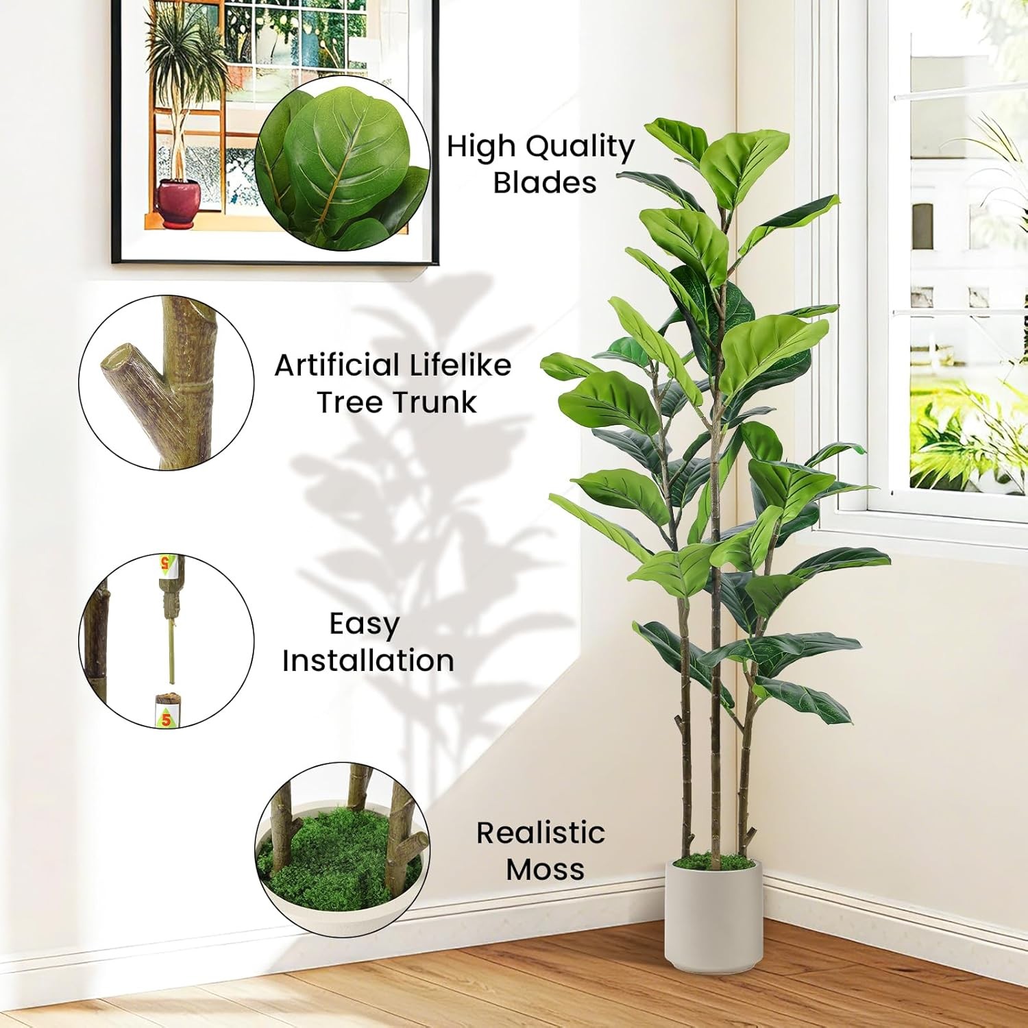 5FT Artificial Fiddle Leaf Fig Tree with White Planter Pot, 5 feet Tall Fake Tre