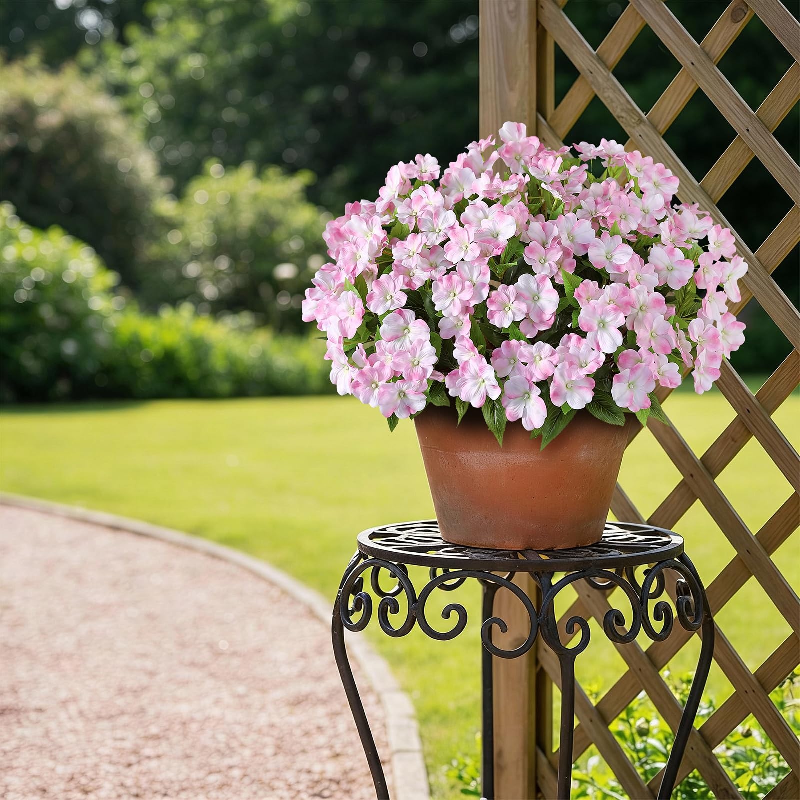 2 Set of Artificial Impatiens Topiary Trees – Fake Silk Flower Potted Plants,…