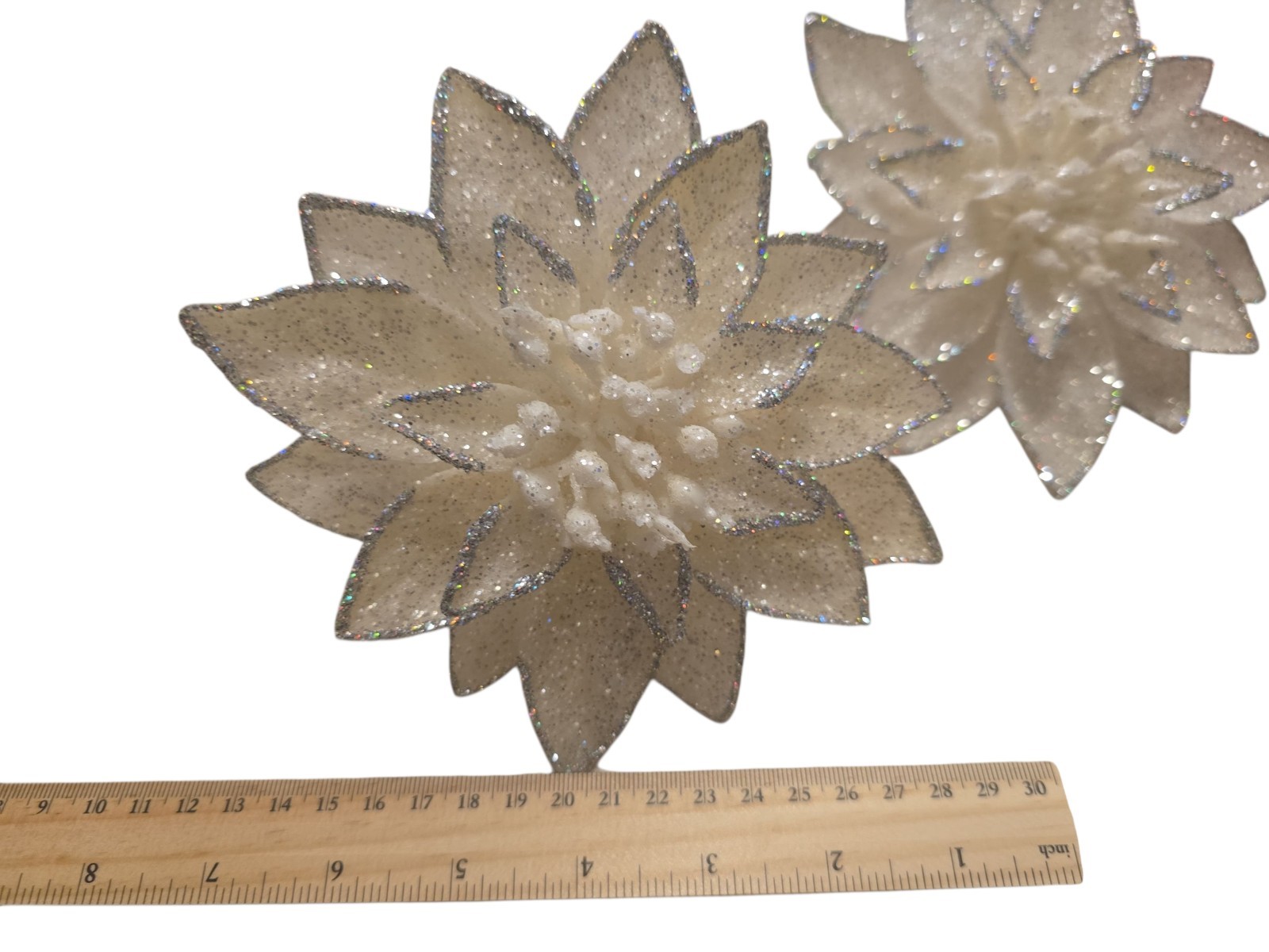 Christmas Flowers~6″ Beautiful White Sparkly Glitter Floral Decor (2 Pc)
