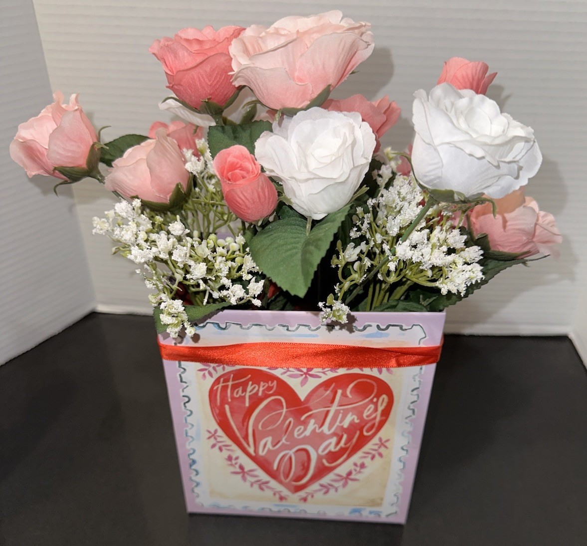 Valentine’s Day Floral Arrangement Pink & White Roses w/Baby’s Breath 12.5” x 10