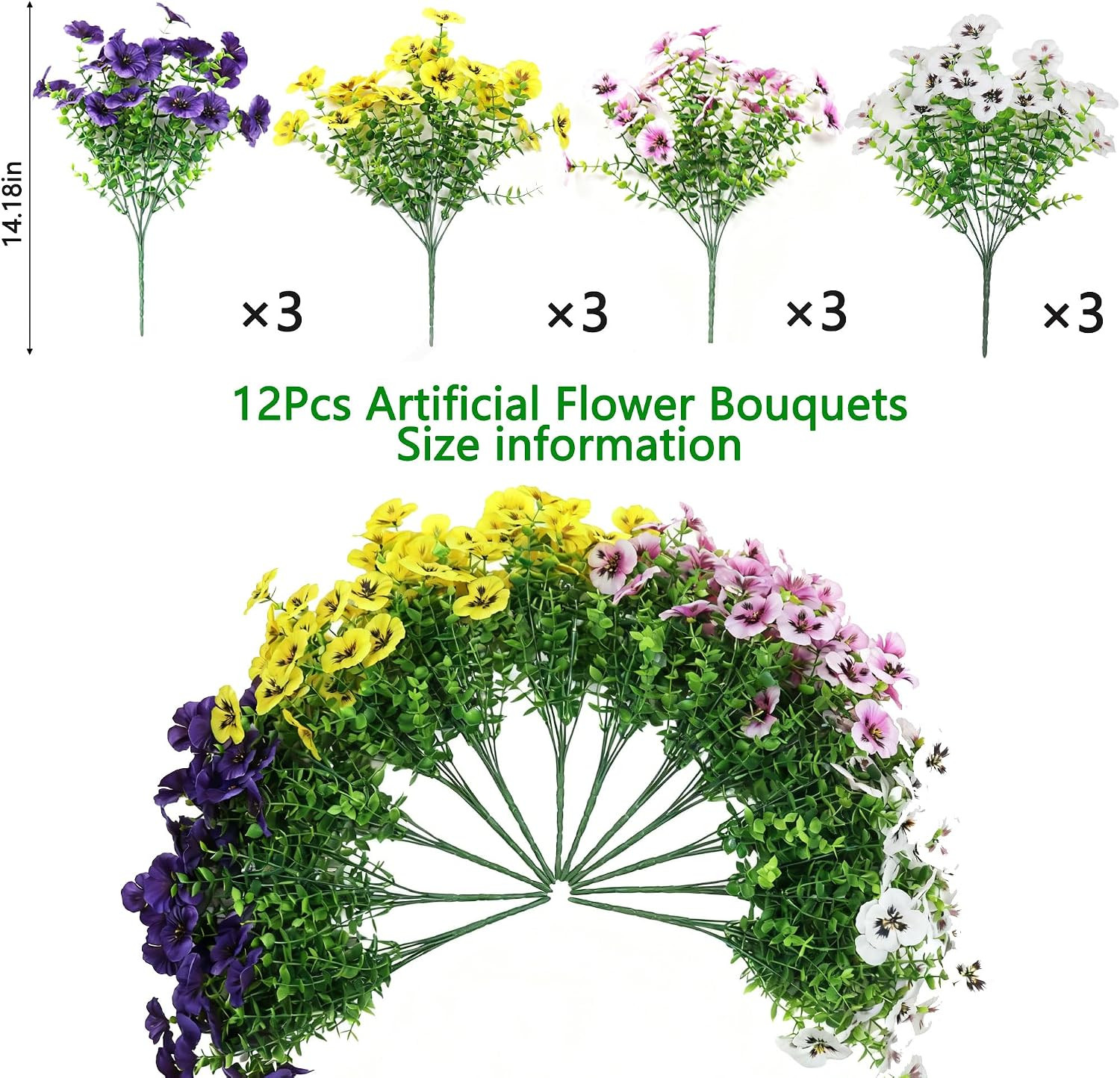Artificial Fake Pansy Flowers for Outdoor, UV Resistant Faux Silk Pansies Spring