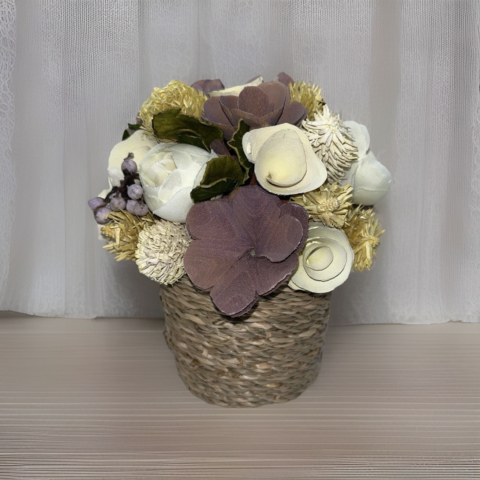 Sola Wood Rose Floral Arrangement Lavender Mauve Ivory Faux Flower Weave Basket