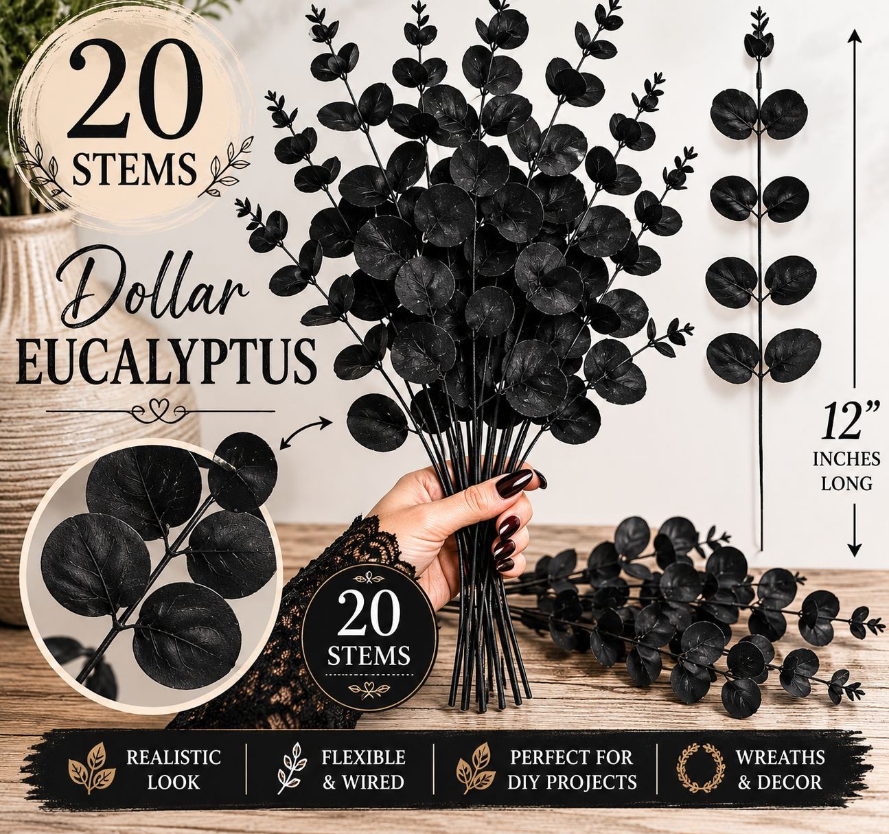 20 Black Dollar Eucalyptus Stems 12 Inch Faux Eucalyptus Picks Gothic Wedding Gr