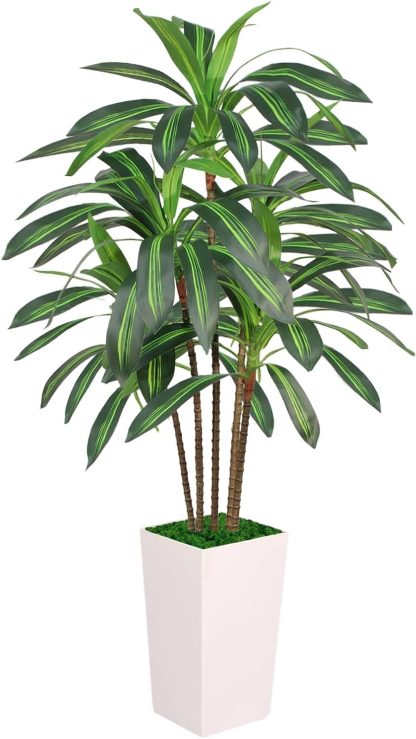 Artificial Dracaena Tree 5FT with White Tall Planter, Realistic Faux Tropical