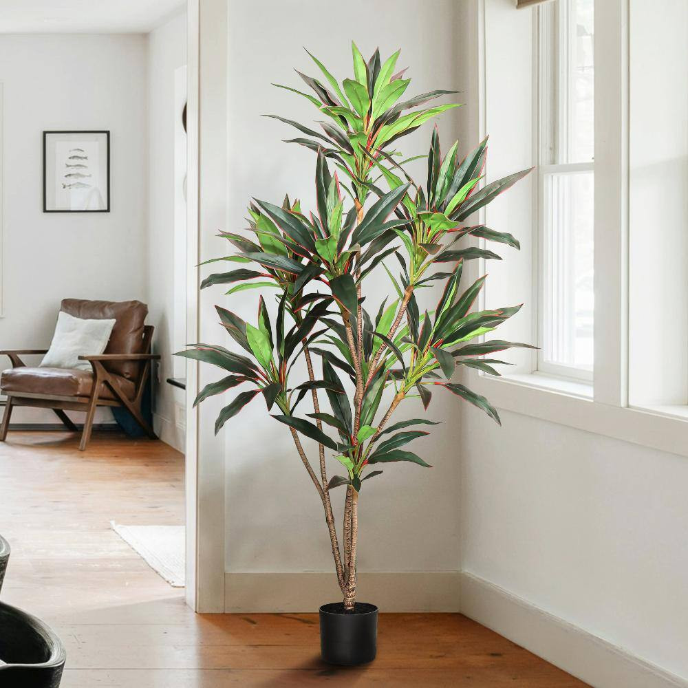 5 Ft. Real Touch Green Red Dracaena Tree Plant in Black Pot