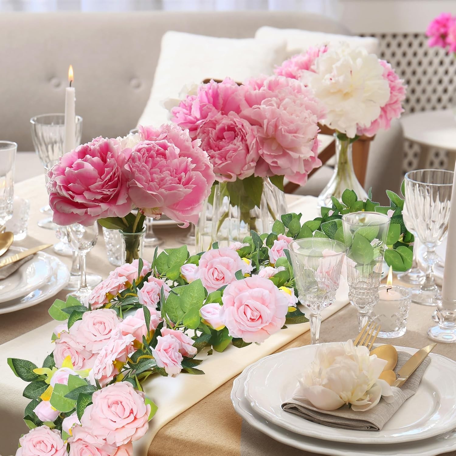 Guirnalda de Rosas Artificiales 4Pcs 31Ft Flores de Seda Boda Jardin Decoracion
