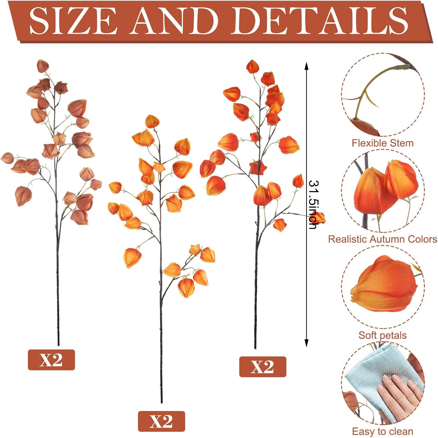 6 Pcs Faux Chinese Lantern Flowers Stems for Home Wedding Decor 31.5 Inch