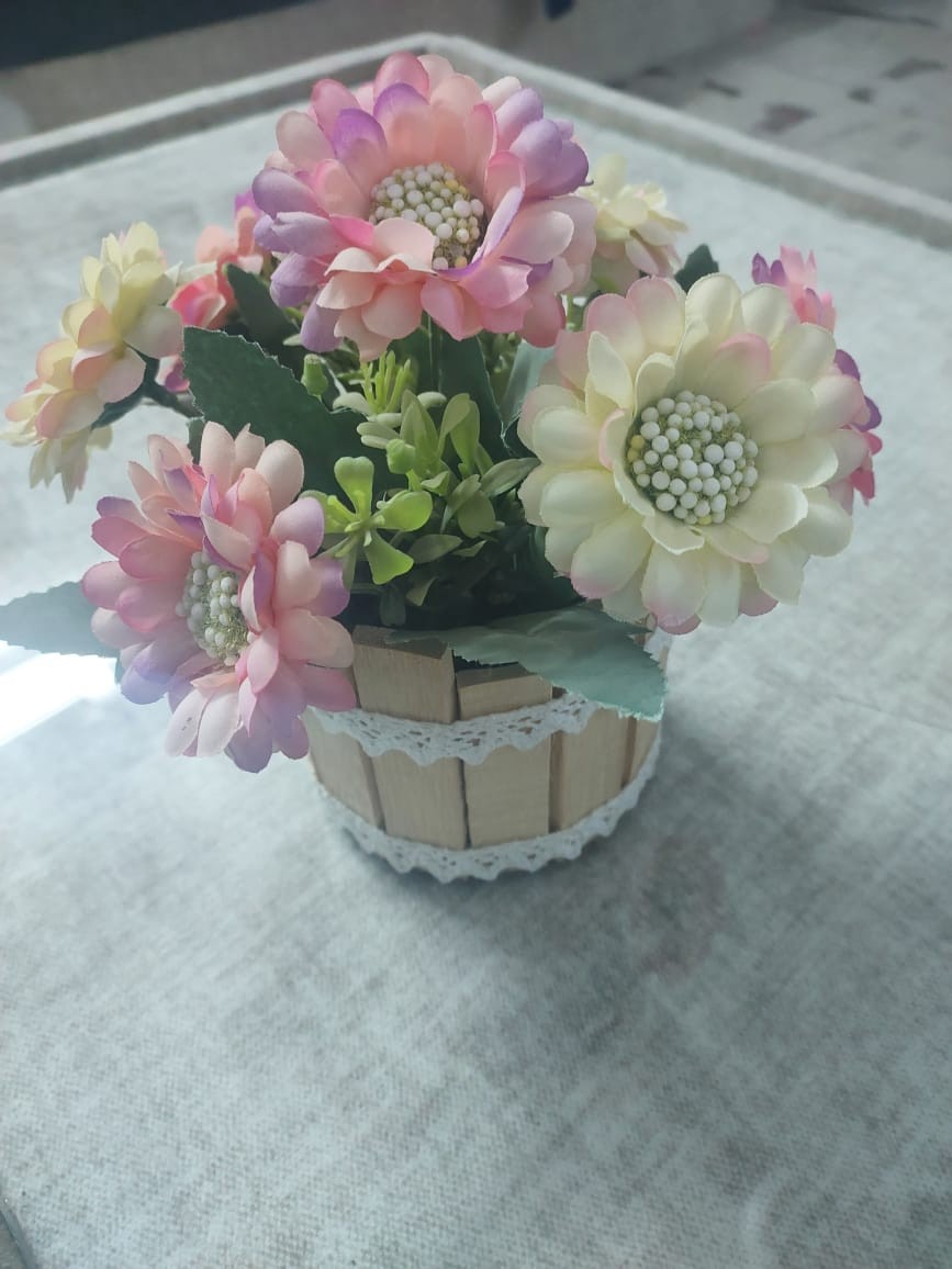 Rustic Artificial Flower Arrangement in Wooden Barrel Pot Farmhouse Decor