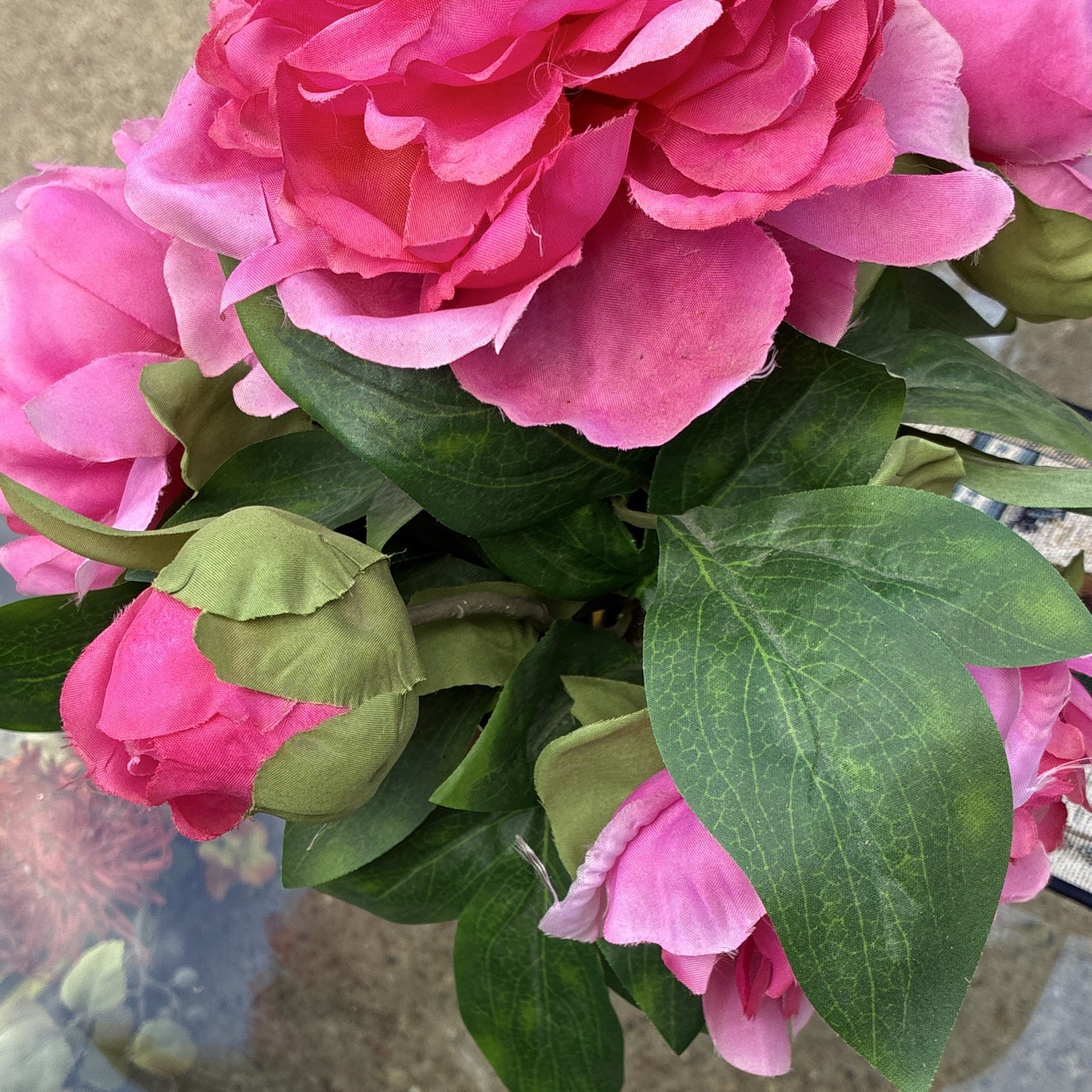 Artificial Pink Peony Arrangement in Glass Vase w/ Green Leaves
