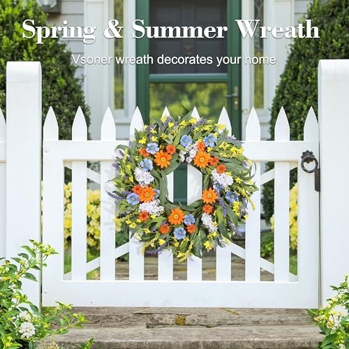 24″ Summer Floral Wreath with Artificial Daisies & Lavender – All Season Door De