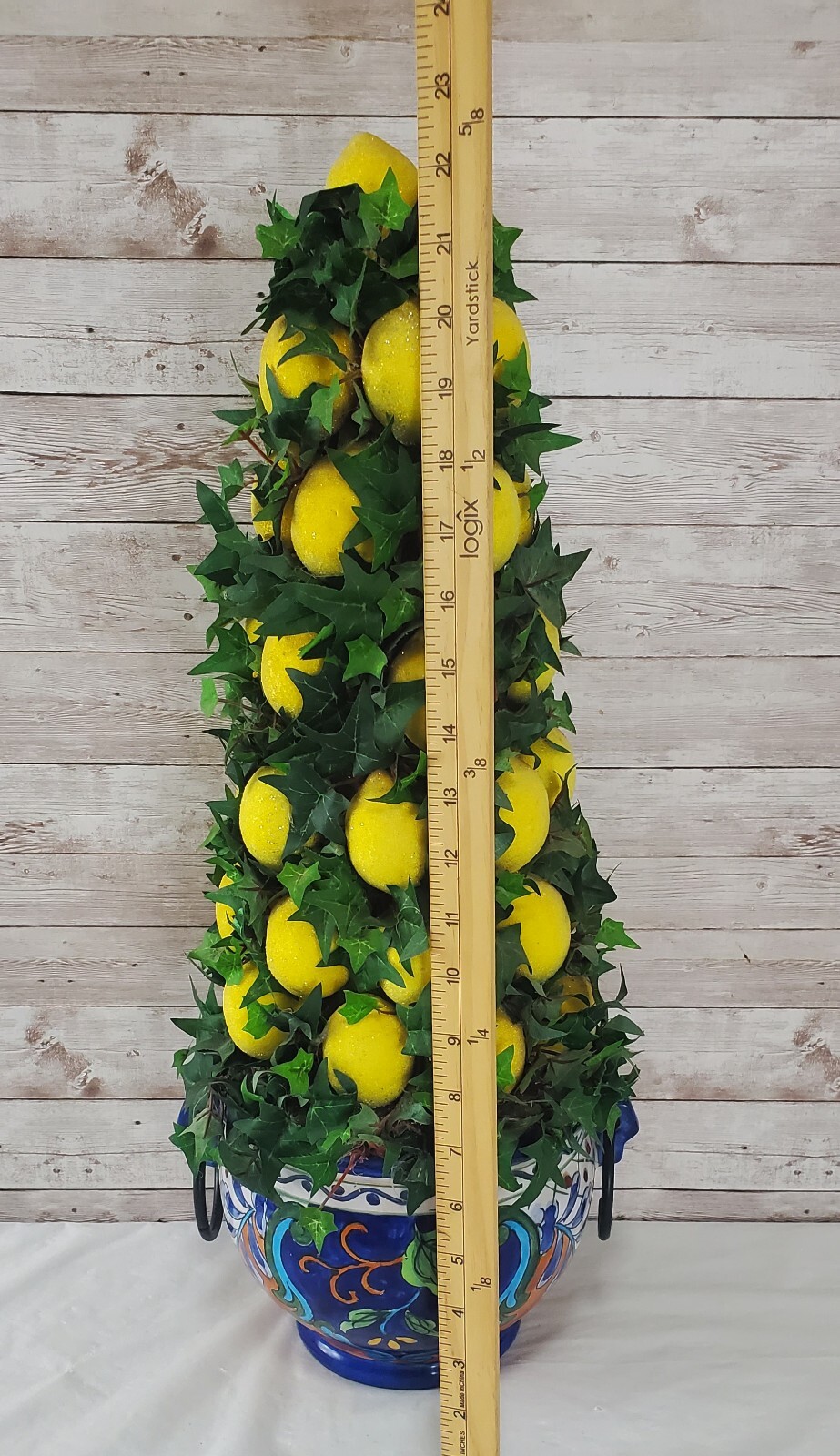 Faux Lemon 23″ Topiary Tree Centerpiece in Beautiful Cobalt Blue & Rust Planter