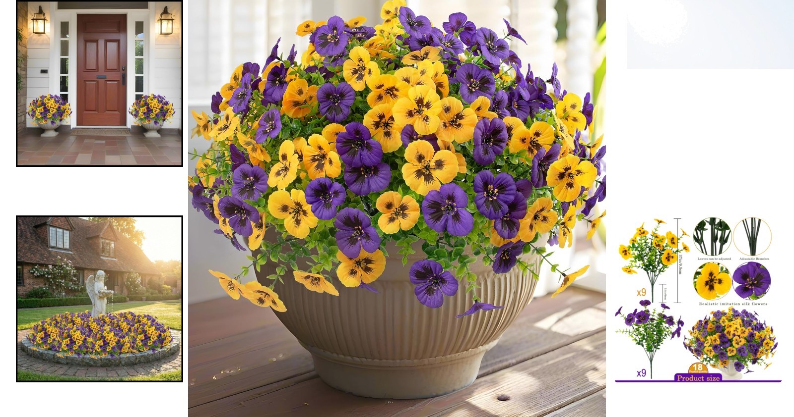 Vibrant 18 Pcs Faux Pansy Flowers for Porches, Patios & Window Boxes
