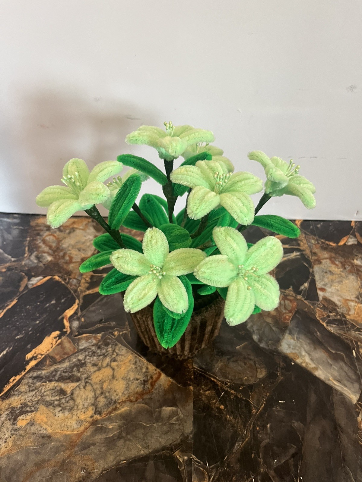 Handmade Chenille Stem Lily Flower Pot Artificial Floral Home Decor Gift