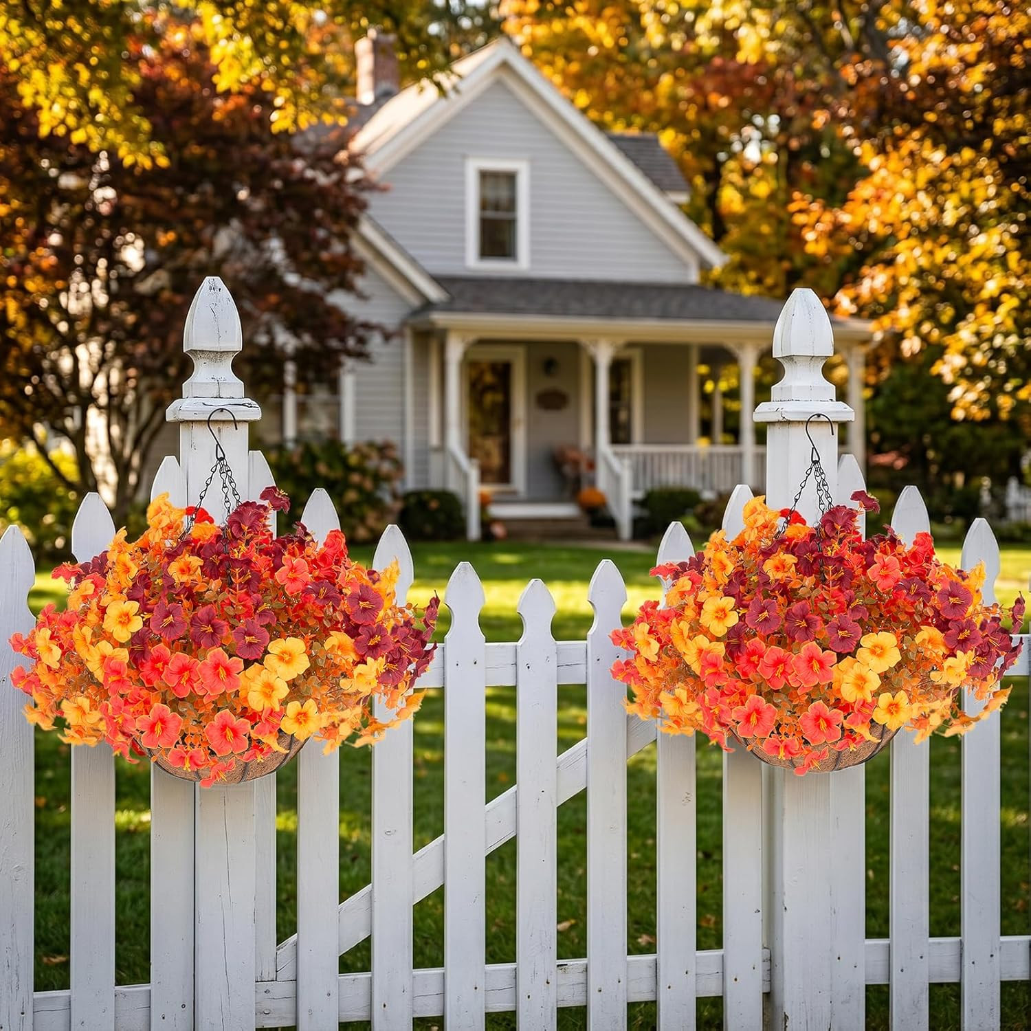 2 Set Artificial Outdoor Fall Flowers with Hanging Baskets, 24 Pcs Faux Petunias