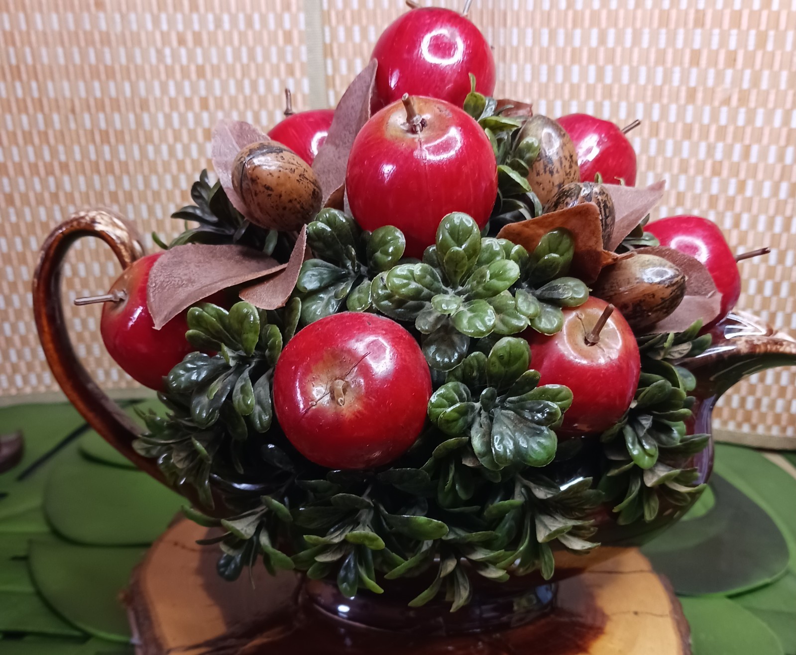 Faux Apple Nut Foliage Bouquet in HULL Vintage Teapot ~ Red Brown Green 11 x 8″
