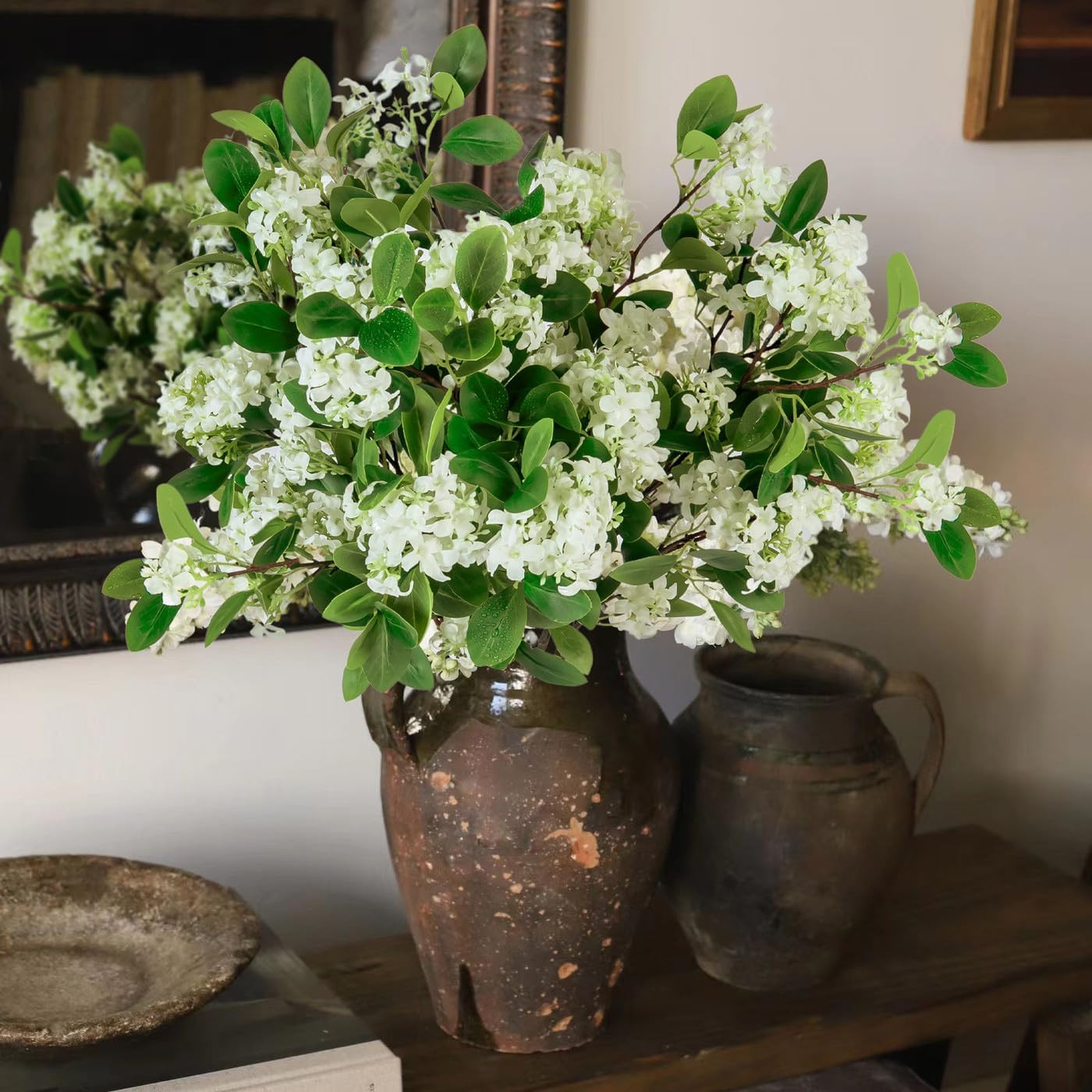 8Pcs Faux Greenery Stems with White Flowers for Home, Wedding, Office Décor