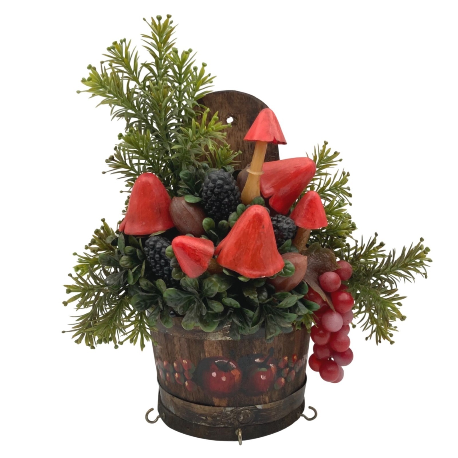 Vintage KIM ORIGINALS Faux Floral Arrangement Wall Decor Mushrooms Wood Basket