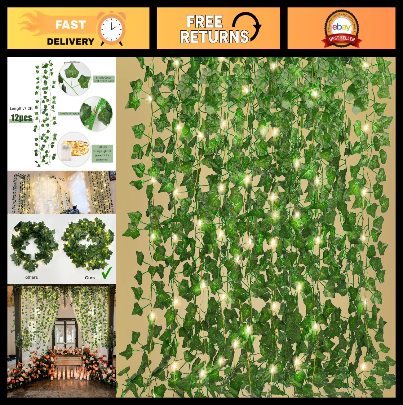 12 Pack Ivy Fake Vines 86 FT Artificial Plant with 100 LED String Lights for Roo
