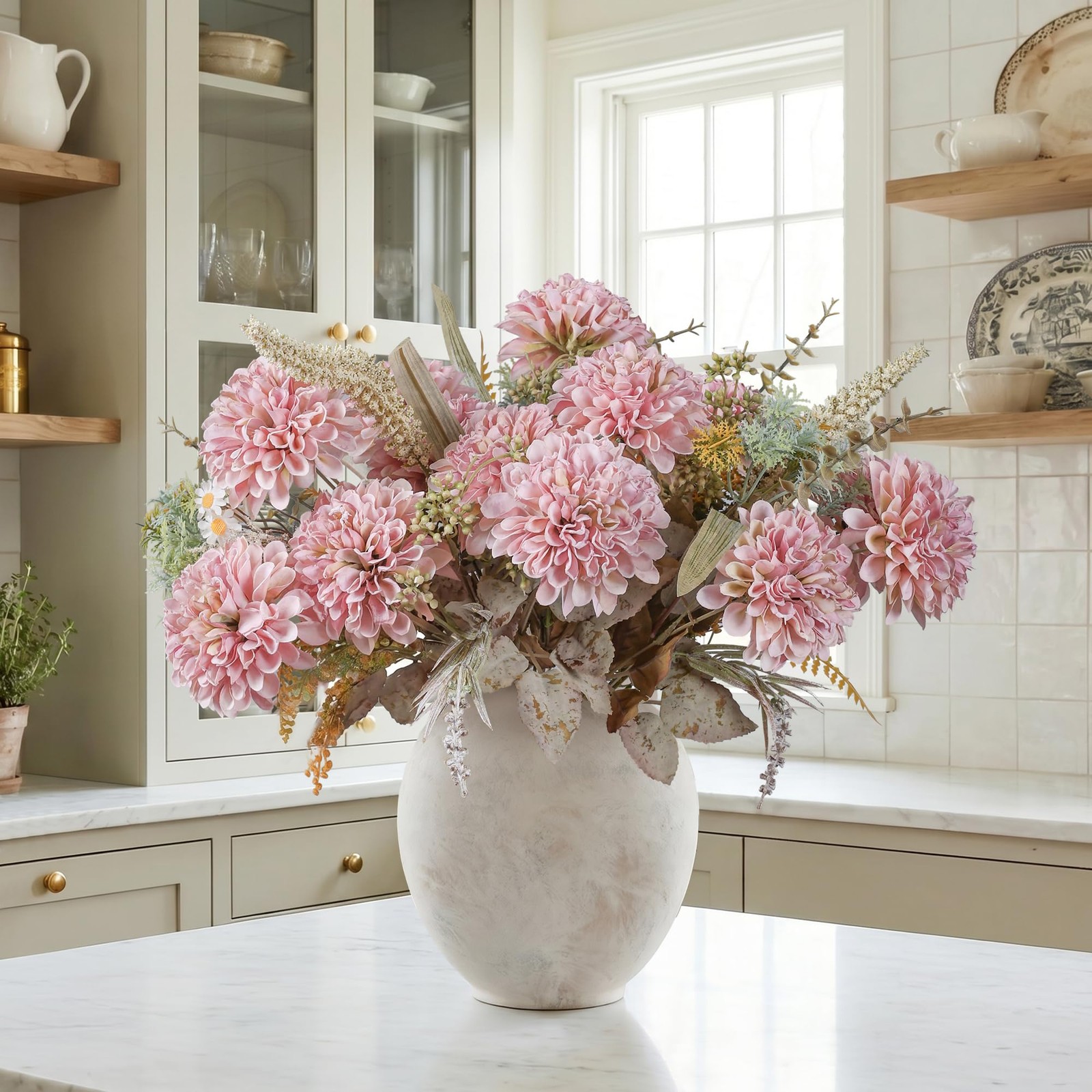 10 Heads Artificial Flowers Mums Indoor for Vase, Large Silk Faux Chrysanthem…
