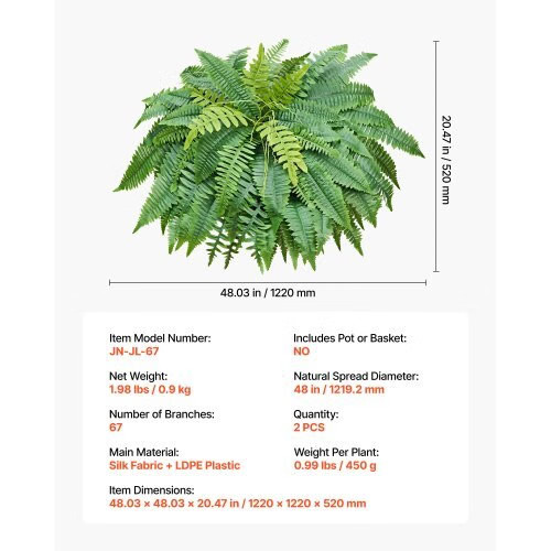 Artificial Ferns, 48 Inch Fake Boston Fern Bush Plant with 67 Fronds, Faux Green