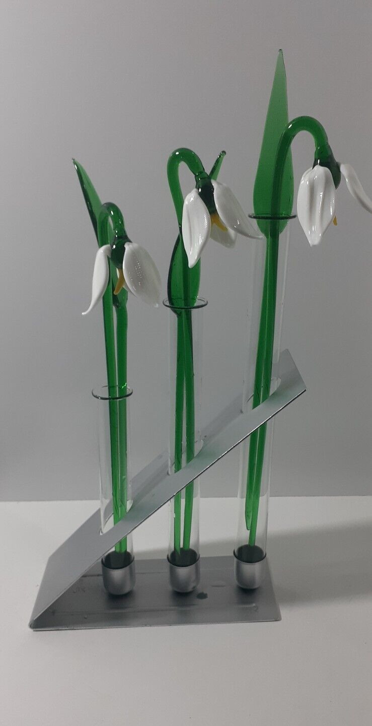 Art Glass Snowdrops Flowers Sculptures with Green Leaves & Tube Vase Home Decor