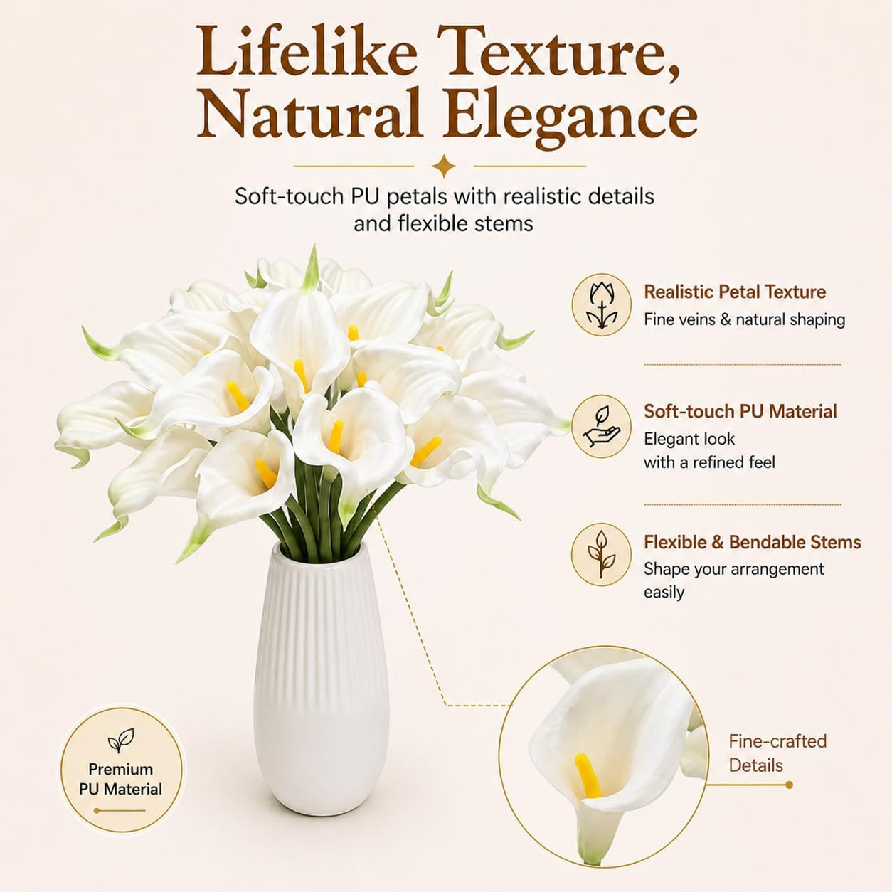 20Pcs White Calla Lily Artificial Flowers | 13.5 Inch PU Realistic Bouquet for V