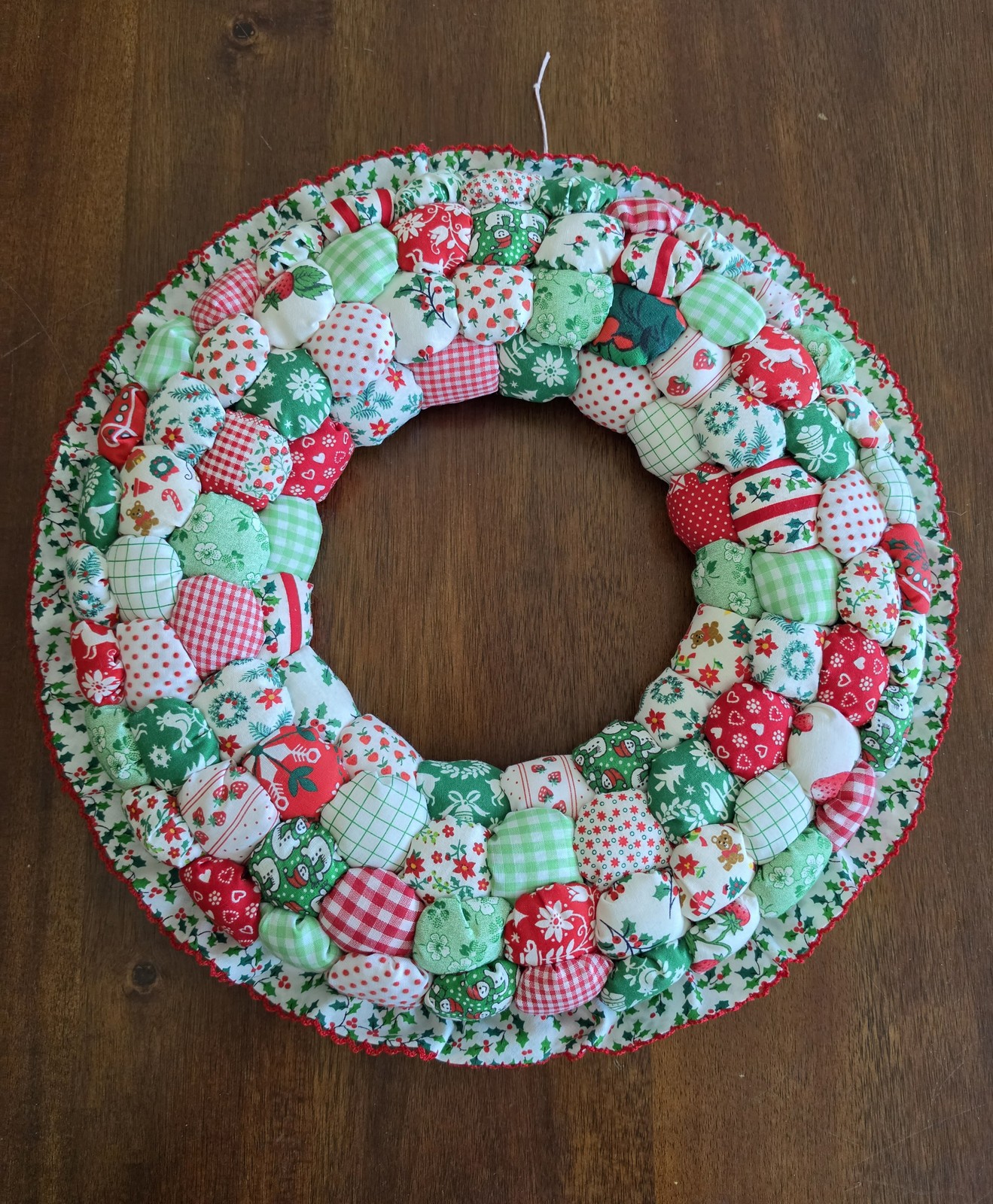 Handmade Christmas Wreath Red Green White Fabric Patchwork Holiday Decoration
