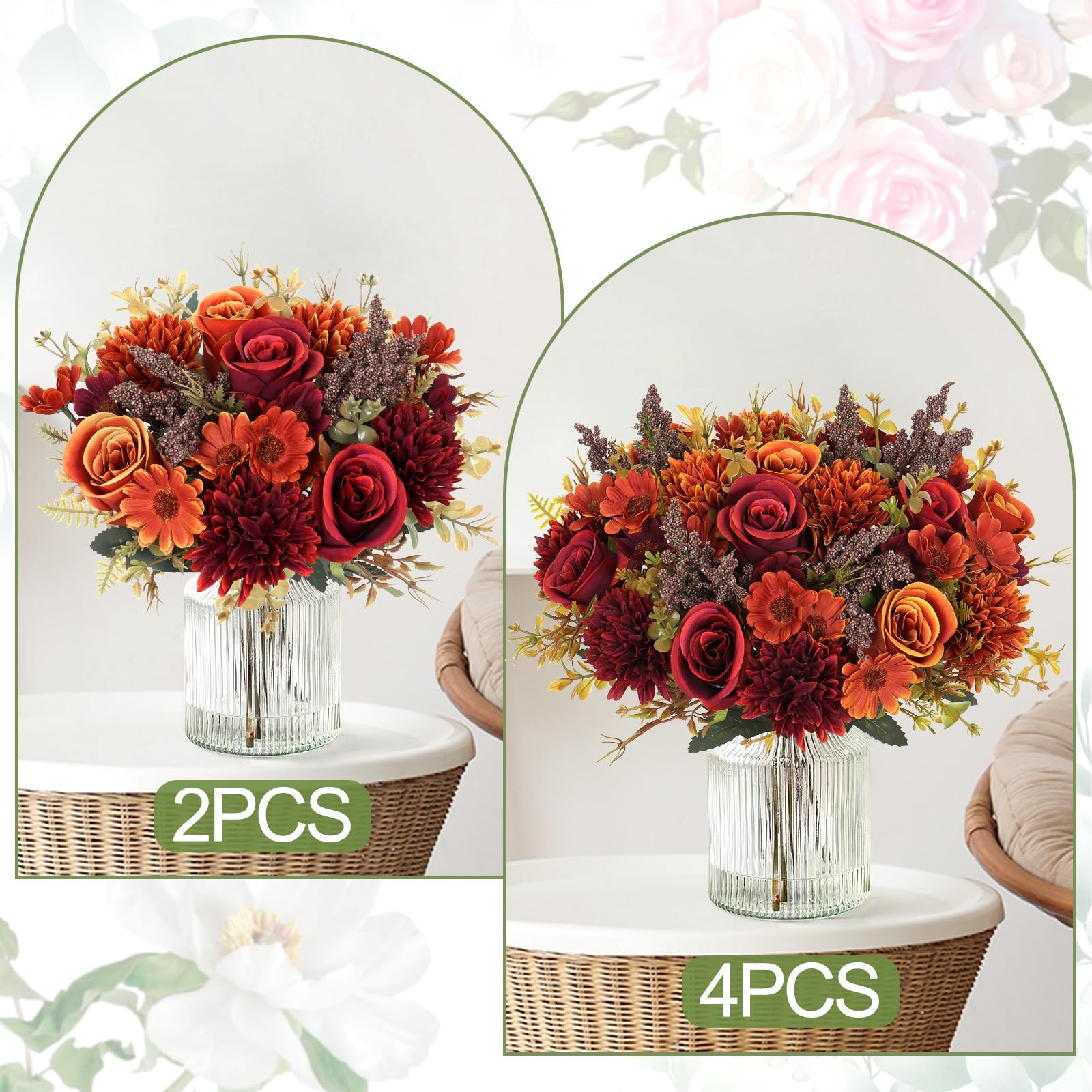2 PCS Artificial Bouquet Silk Roses Daisy Chrysanthemum Orange Red Flowers