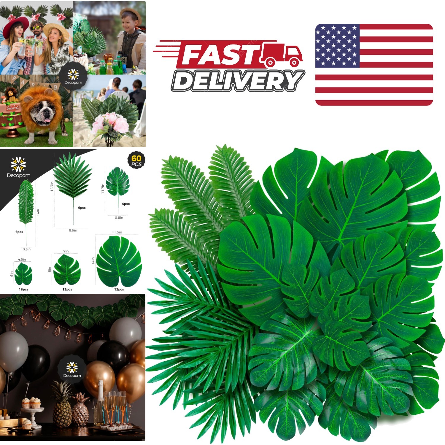 Artificial Palm Leaves 60 Pack Large Small Green Silk Leaves for Decorations