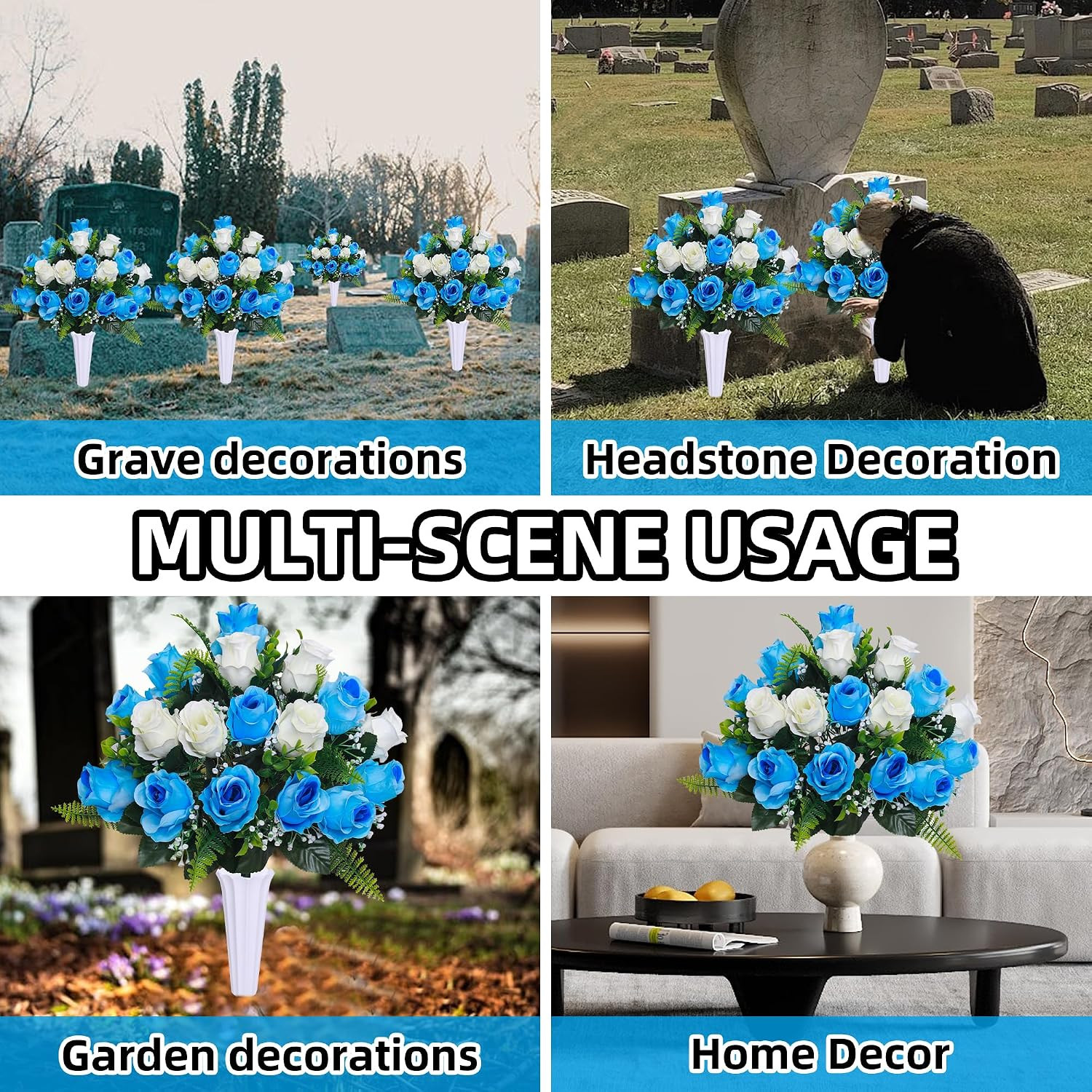 Set of 2 Artificial Cemetery Flowers with Vase,Grave Memorial Flowers,Artificial